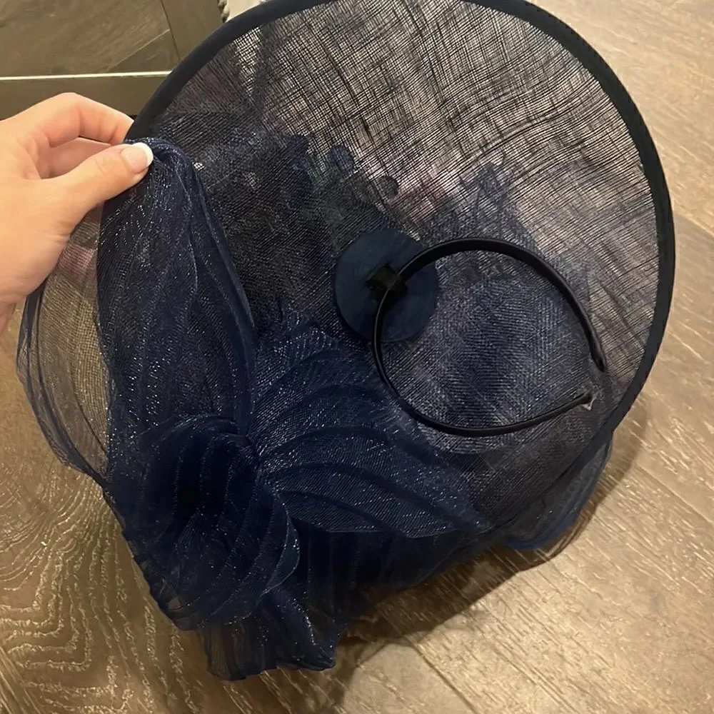 Navy custom floral fancy Derby hat, handmade